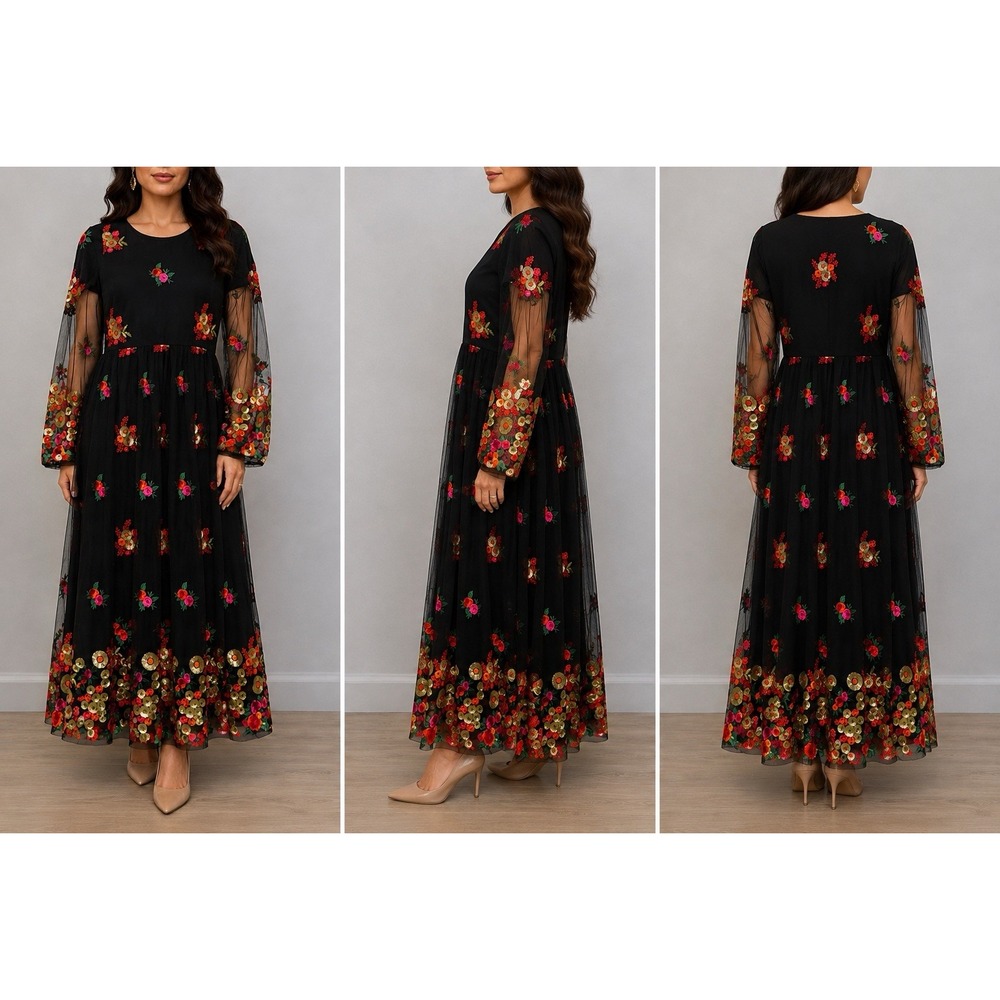 Indian Pakistani Black Floral Embroidered Maxi Dress Mesh Sequin A35